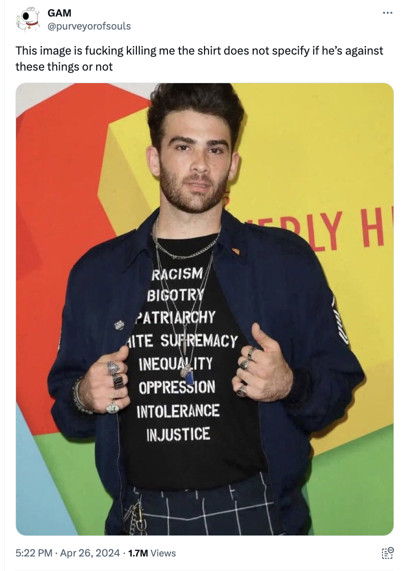 Hasan Piker - Gam This image is fucking killing me the shirt does not specify if he's against these things or not Racism Bigotry Patriarchy Ite Supremacy Inequality Oppression Intolerance Injustice 1.7M Views Ly H